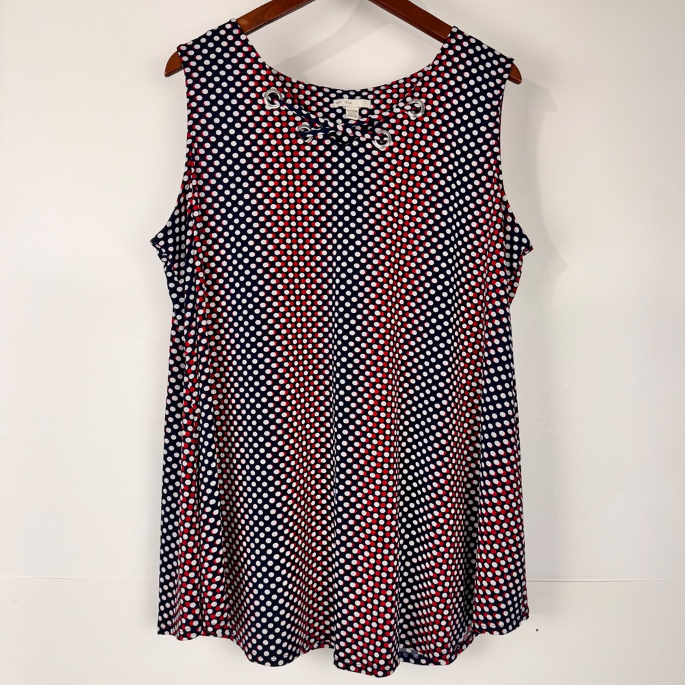 Cato Tank Top Women 18/20W Blue Polka Dot Lace Up Grommet Sleeveless Est. 1946